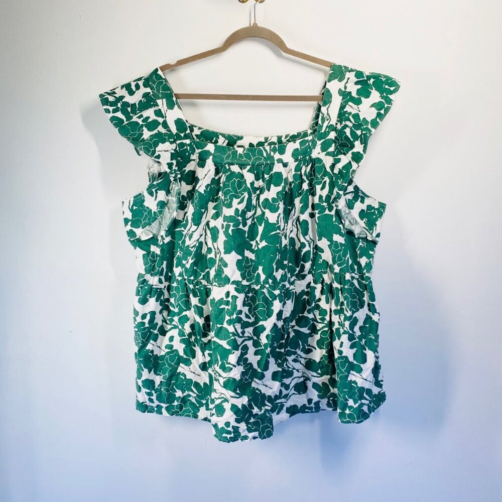 Hailey & Co Green Floral Ruffle Sleeve Womens Top 1X 100% Cotton Lightweight